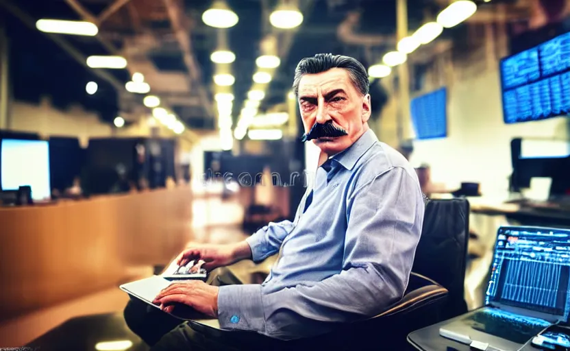 Image similar to angry josef stalin trading forex in front of computer trading bitcoin, clear detailed face, product lighting, studio photography dslr, golden ratio composition, instagram photo, luminar, fullhd stock photo