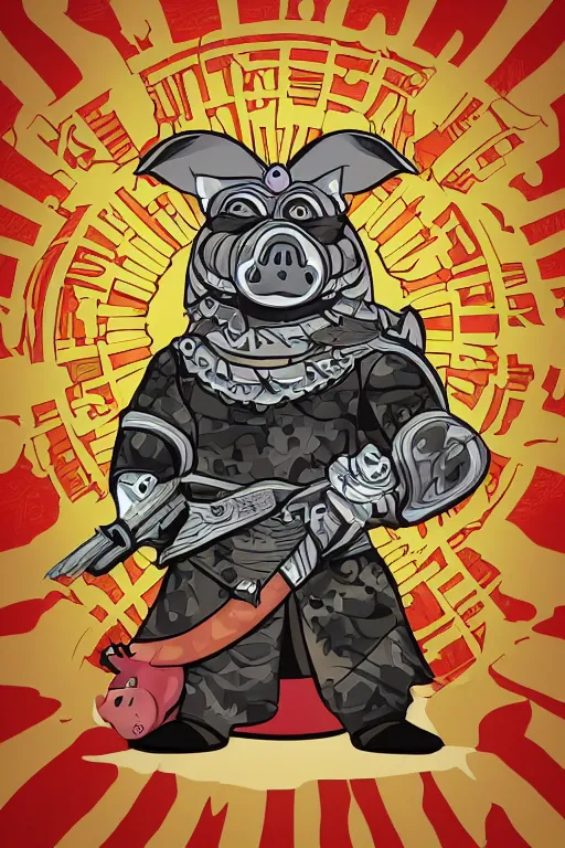 Prompt: A portrait of a pig as an evil warlord general, sticker, Anthropomorphized, portrait, highly detailed, colorful, illustration, smooth and clean vector curves, no jagged lines, vector art, smooth