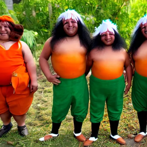Image similar to Oompa Loompas with orange skin and dark green hair carrying body bags