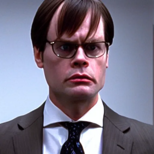 Image similar to dwight schrute as the american psycho, sweating profusely, cinematic still