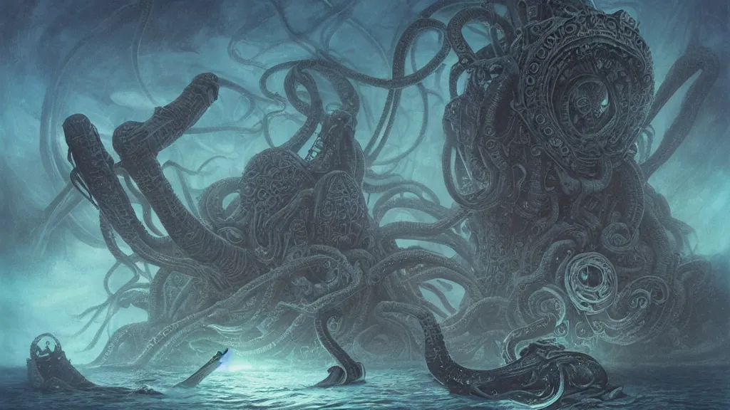 Image similar to soviet submarine destroyed by cthulhu, tentacles, elegant, beautifully soft lit, full frame, 8 k by wayne barlowe, peter mohrbacher, kelly mckernan, h r giger