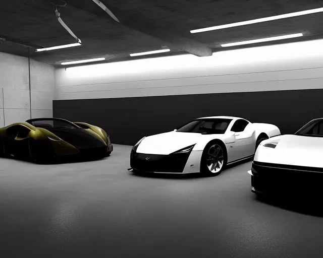 Image similar to luxury car garage, black gold aesthetic, forza horizons 5