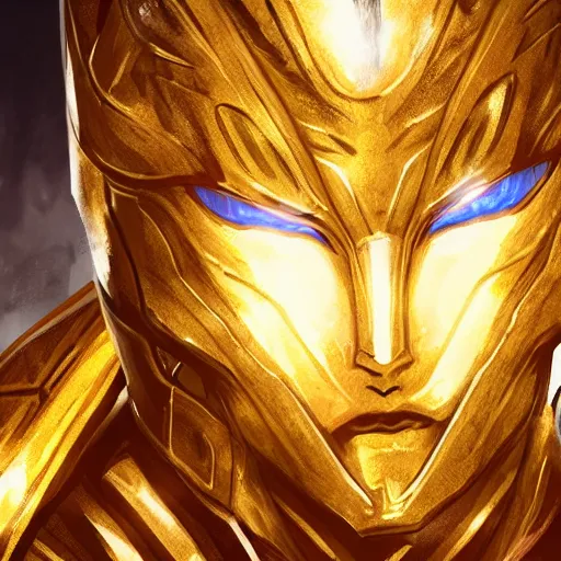 Prompt: a highly detailed character portrait of a man wearing a epic golden armor with glowing blue eyes concept art