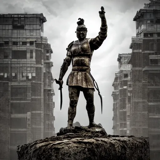 Image similar to statue of a warrior amongst the post apocalyptic city, hd photo