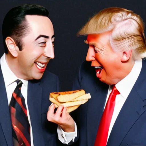 Prompt: Peewee Herman and Donald Trump eating a sandwich, smiling huge