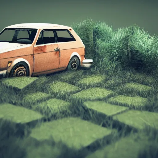 Prompt: Low polygon render of an isometric rusty Volkswagen Golf, overgrown with grass,postapocalyptic, white background