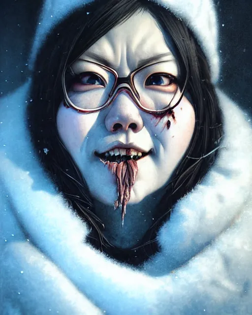 Image similar to mei from overwatch, ice, cold, frostbite, character portrait, portrait, close up, concept art, intricate details, highly detailed, horror poster, horror, vintage horror art, realistic, terrifying, in the style of michael whelan, beksinski, and gustave dore