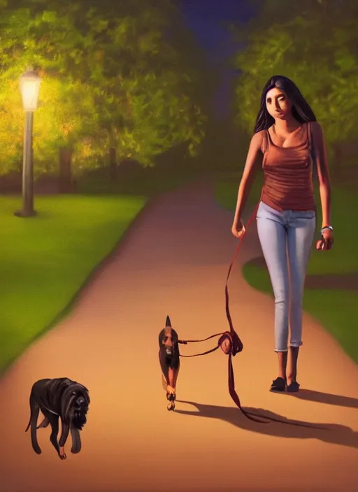 Image similar to young beautiful brown woman walking her dog in a park at night with a full moon, illustration, photoreal, fantasy, trending. masterpiece work of art . oil on canvas. Digitally painted. Realistic. 3D. 8k. UHD.