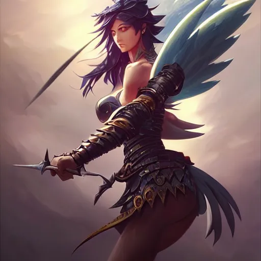 Image similar to 3 / 4 view of a warrior woman with wings, pixie character, video game genshin impact,, intricate, elegant, sharp focus, illustration, highly detailed, concept art, matte, art by wlop and artgerm and greg rutkowski, anime, h 6 4 0