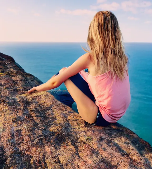 Image similar to a 4 k photorealistic photo of a girl sitting on a cliff overlooking a beach