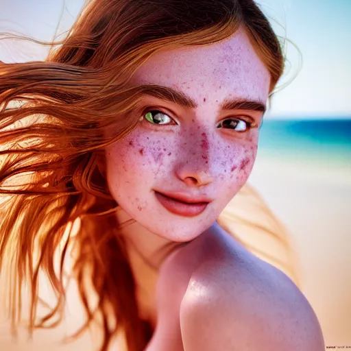 Image similar to beautiful serene intricate portrait of a cute thin young woman, red blush, cute freckles, smug smile, modern clothes, relaxing on the beach, golden hour, close up shot, soft focus, 8 k, art by irakli nadar, hyperrealism, hyperdetailed, ultra realistic