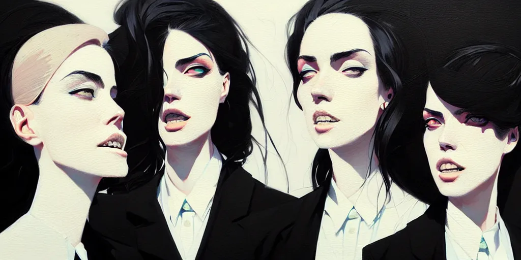 Image similar to a ultradetailed portrait painting of three women in black suits, by conrad roset, greg rutkowski and makoto shinkai trending on artstation