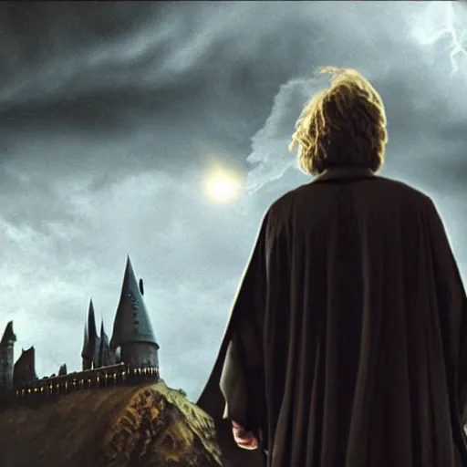 Prompt: Harry potter upright and levitating, back view, thunderclouds, cinematic shot, intricate detail and quality, movie still, nighttime, crescent moon, minor motion blur, action shot, photorealistic, intense scene, visually coherent, symmetry, rule of thirds, movement, vivid colors, award winning, directed by Steven Spielberg, Christopher Nolan, Tooth Wu, Asher Duran, Greg Rutkowski