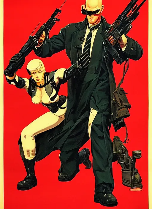 Image similar to american propaganda poster. cyberpunk hitman. portrait by jean giraud and anton otto fischer and john philip falter and will eisner and gil elvgren. realistic proportions. character art. science fiction d & d. tf 2, overwatch.