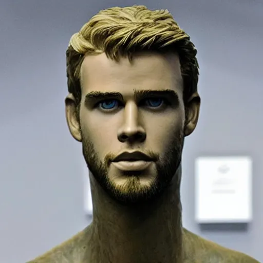 Image similar to “a realistic detailed photo of a guy who is an attractive humanoid who is half robot and half humanoid, who is a male android, actor Liam Hemsworth, shiny skin, posing like a statue, blank stare, at the museum, on display”