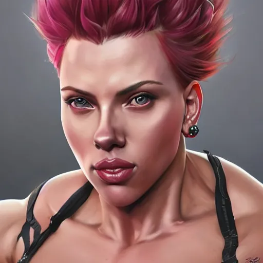 Image similar to detailed portrait of scarlett johansson as a female bodybuilder zarya from overwatch, attractive, beautiful, fantasy, intricate, elegant, highly detailed, digital painting, artstation, concept art, matte, sharp focus, illustration, art by aenaluck, artgerm and roberto ferri and greg rutkowski, epic fantasy, digital painting