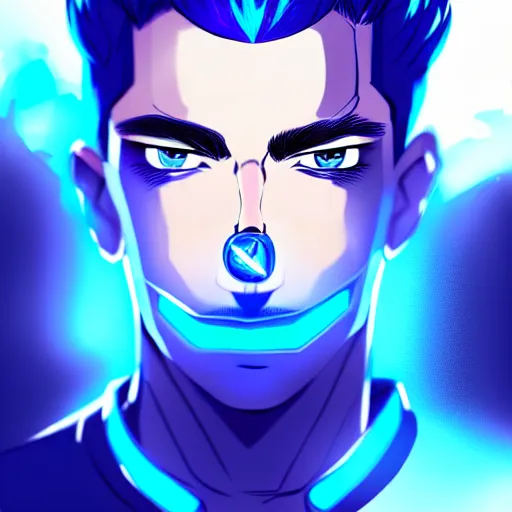 Image similar to a highly detailed portrait of a man with navy blue hair and blue glowing eyes, summoning blue transparent cubes, high detail clothing, concept art, anime, artstation, professional drawing