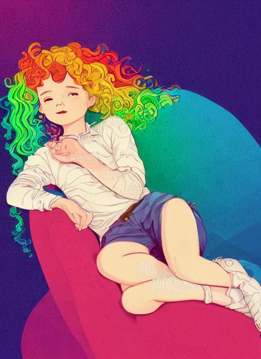 Image similar to a little girl with wavy curly rainbow hair sitting in an armchair. clean cel shaded vector art. shutterstock. behance hd by lois van baarle, artgerm, helen huang, by makoto shinkai and ilya kuvshinov, rossdraws, illustration, art by ilya kuvshinov