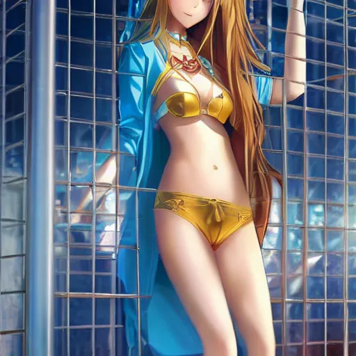 Image similar to a very beautiful young yuuki asuna, full body, long wavy blond hair, sky blue eyes, full round face,, shiny golden bikini, miniskirt, front shot, locked in a bright prison cell, highly detailed, cinematic wallpaper by stanley artgerm lau