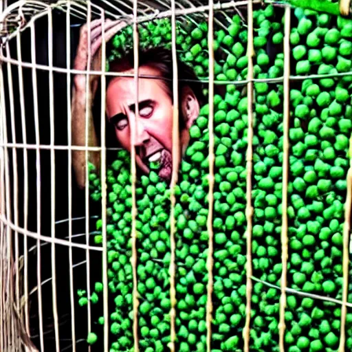 Image similar to nicolas cage trapped in a wicker cage with peas on his face, looking up, not the bees