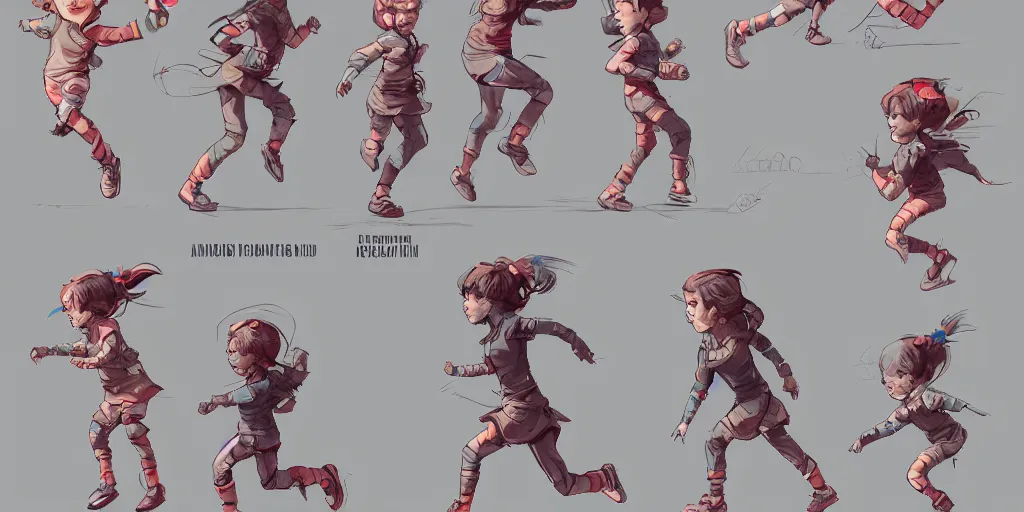 Image similar to cartoonish little girl running, vivid colors, character sheet, fine details, concept design, contrast, kim jung gi, greg rutkowski, trending on artstation, 8 k, full body, turnaround, front view, back view, ultra wide angle