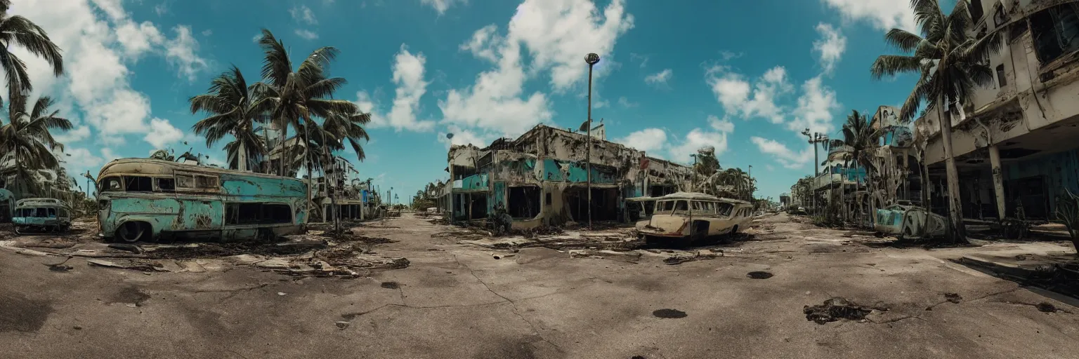 Prompt: wide angle shot of dilapidated fallout 5 miami, tropical coastal city in real life, desolate, dilapidated, empty streets, some rusted retro futuristic vintage styled parked vehicles like cars, buses, trucks, trams, sunny weather, few clouds, volumetric lighting, photorealistic, daytime, spring, sharp focus, ultra detailed