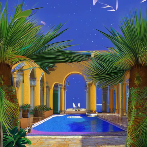 Image similar to arriving into a mediterranean courtyard with a palm tree and pool in the center, digital illustration, 8 k by moebius