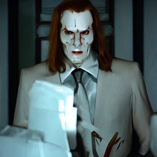 Image similar to arthas menethil as the american psycho, cinematic still