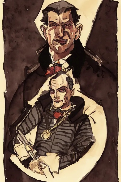 Image similar to zoomed out portrait of a duke, stylized illustration by mike mignola, watercolor gouache detailed paintings, dieselpunk, artstation