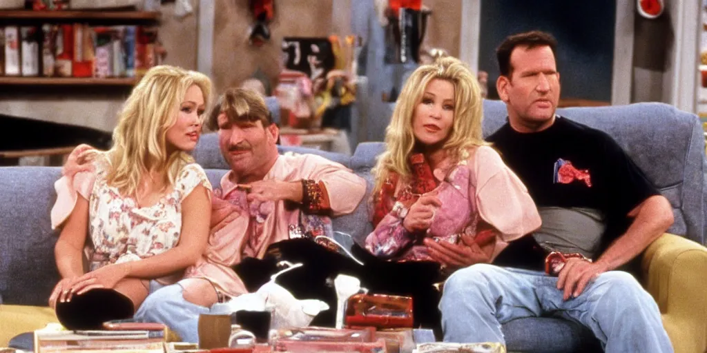 Image similar to Kelly Bundy (Christina Applegate) sitting next to Al Bundy (Ed O\'Neill) on the couch, Married with children (1989)