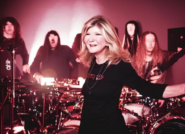 Image similar to publicity photo still of martha stewart in a death metal band playing live on stage, 8 k, live concert lighting, mid shot