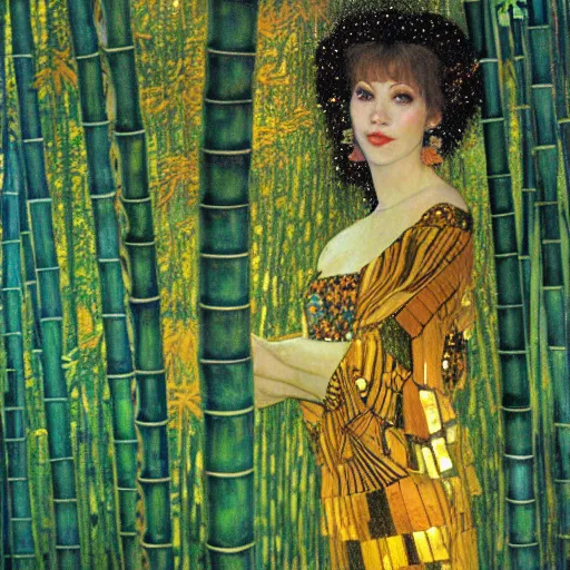 Image similar to fantasy art concept art beautiful lighting of a woman in a bamboo forest by klimt