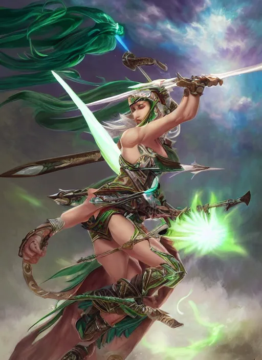 Prompt: elf archer unleashing ultimate attack by adrian smith and vladimir volegov and alexander averin and delphin enjolras