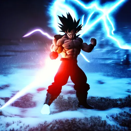 Prompt: full shot of angry darkness warrior style goku super saiyan at moonlight, snowing, lightning bolt, eruption, detailed, unreal engine 4k volumetric light, fog,