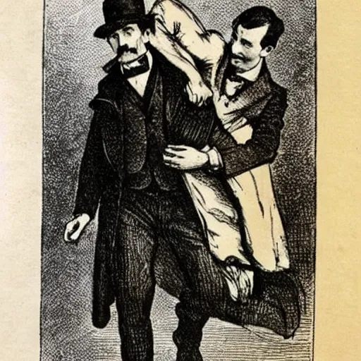 Image similar to Sherlock Holmes carrying Dr Watson on his back in the style of Sidney Paget