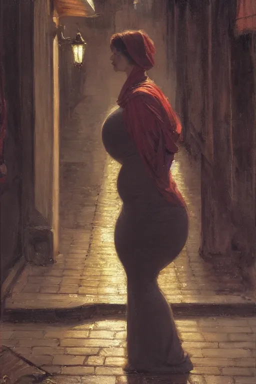 Image similar to pregnant woman under street light by john william waterhouse and Edwin Longsden Long and Theodore Ralli and Nasreddine Dinet, oil on canvas. Cinematic, hyper realism, dramatic lighting, high detail 4k