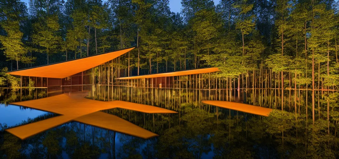 Image similar to faceted roof planes lift and descend creating shade and architectural expression, highly detailed, situated in the forest, next to a highly reflective lake, at dusk, vivid color