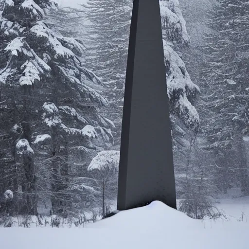 Image similar to a monolithic obelisk towering over a mountain in a taiga. overcast sky, grainy, snowing.