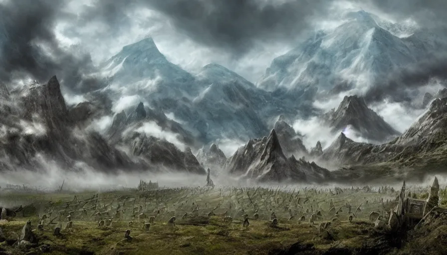 Prompt: matte painting of a huge lord of the rings battlefield