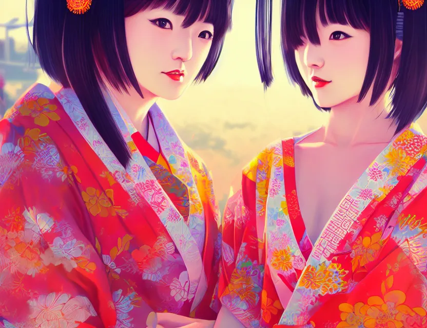 Image similar to two beautiful charming japan female superstar wear arty kimono in festival | | sunny night, festival,, realistic shaded, smile, good looking, hyper details, 4 k realistic, cryengine, realistic shaded lighting poster by ilya kuvshinov, fuji choko, ross tran, 8 k resolution, trending on artstation, luxury