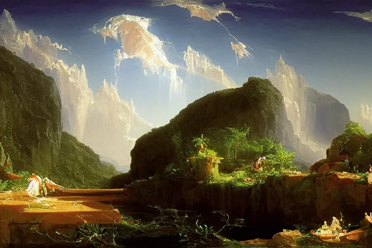 Image similar to there is another world very close to ours that we don't perceive directly, but they do interact sometimes. painting by thomas cole ( 1 8 3 3 )