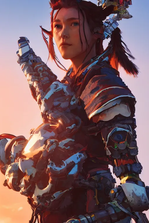 Image similar to combination suit armor aloy horizon forbidden west horizon zero dawn robot ninja mask helmet backpack tribal, aesthetic octane render, 8 k hd resolution, by ilya kuvshinov and cushart krentz and gilleard james radiating a glowing aura cgi rtx 2 0 2 2