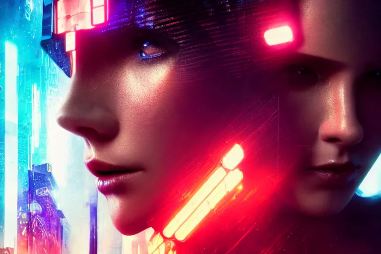 Image similar to 4 k remaster extremely detailed cinematic movie still from blade runner 2 0 4 9 of a cyborg warrior princess in the street, megabuildings, face by artgerm, cyber noir, bokeh, denis villeneuve, rich colors, night, road