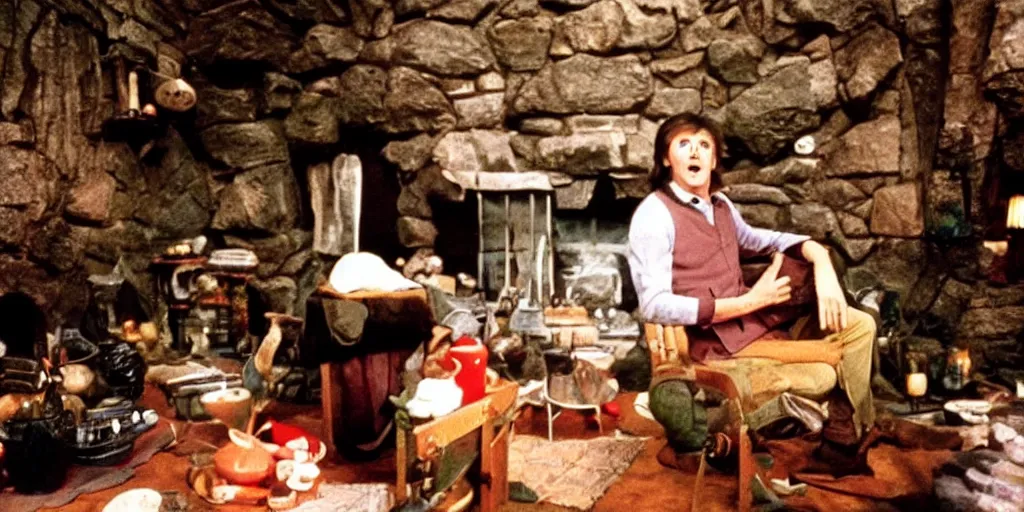 Image similar to A full color still of Paul McCartney dressed as a hobbit inside his house, looking at his palm, directed by Stanley Kubrick, 35mm, 1970