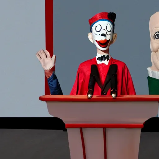 Image similar to marionette of a president with clown makeup in a podium and a human shadow behind