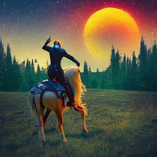 Image similar to arrows struck astronaut riding a horse in a fantasy forest, landscape, evening ambience, sunset, cinematic, digital art, front lit, epic, cinematic