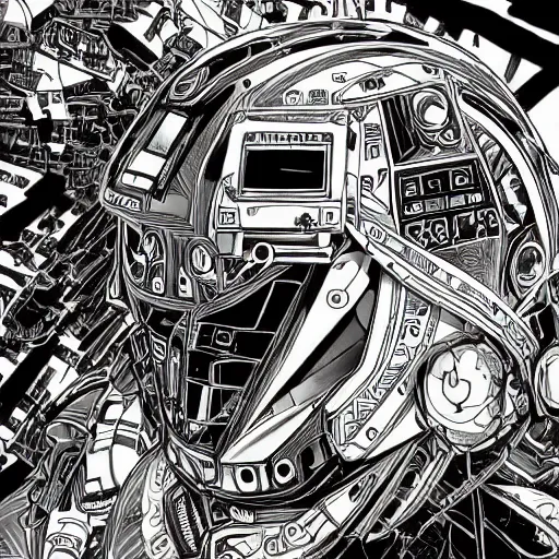 Prompt: a huge robot with the puerto rican flag etched onto it's helmet, by hayao myazaki, by lee man fong, graphic novel, visual novel, graphite, fountain pen, digital art, comic book, field of view, tones of black in background, oled, insanely detailed and intricate, hypermaximalist, elegant, ornate, hyper realistic, super detailed