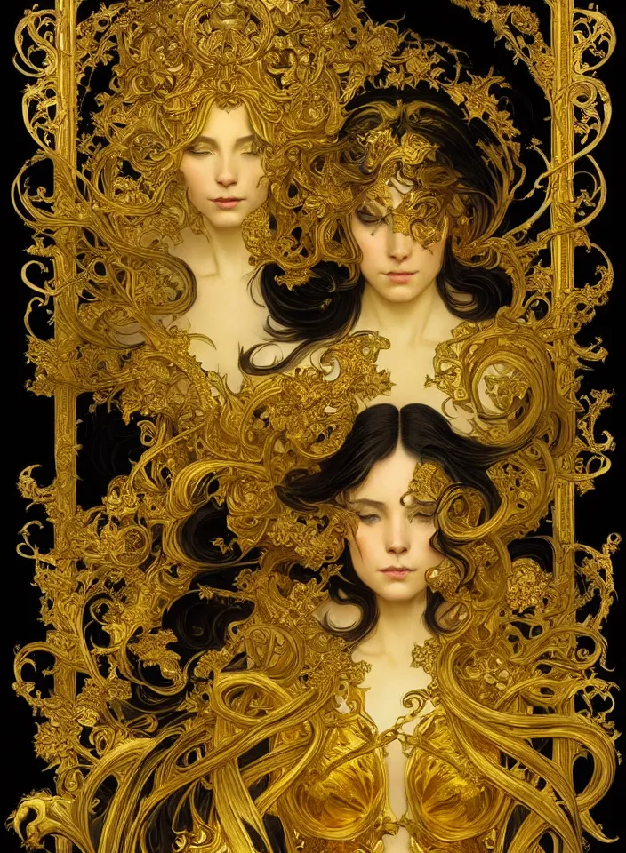 Image similar to beautiful black yellow, complicated gold the baroque style decoration, dark fantasy, intricate, elegant, highly detailed, digital painting, artstation, concept art, matte, 3 d 8 k octane rendered, sharp focus, illustration, octane rendered, art by artgerm and alphonse mucha, leesha hannigan, ross tran