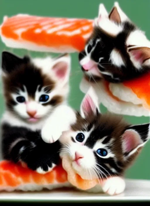 Image similar to clear photorealistic picture of adorable kittens made out of sushi