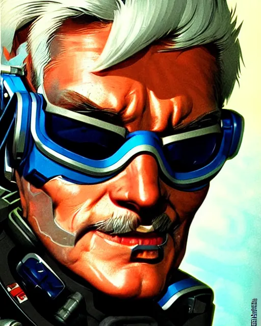 Image similar to soldier 7 6 from overwatch, white hair, character portrait, portrait, close up, concept art, intricate details, highly detailed, vintage sci - fi poster, retro future, in the style of chris foss, rodger dean, moebius, michael whelan, and gustave dore